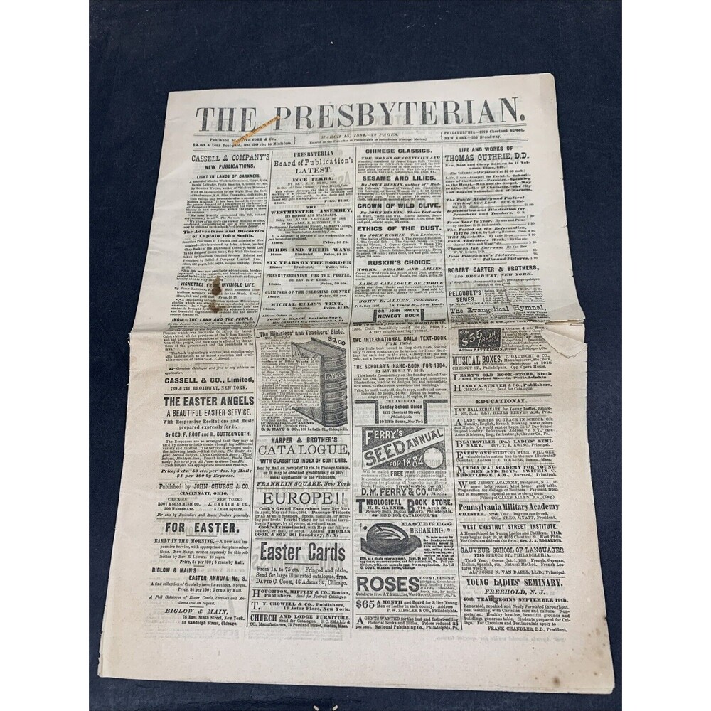 1884 presbyterian newspaper, 22 Pages Philadelphia Pennsylvania publ @ Mutchmore